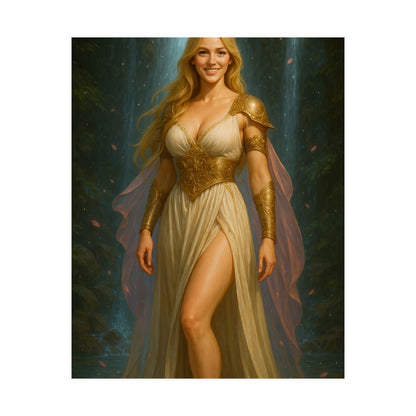 Radiant Blonde Goddess Waterfall Fantasy Art – Matte Vertical Poster Print | Elegant Home Décor Gift