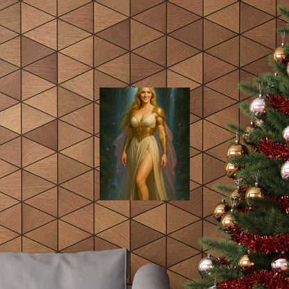 Radiant Blonde Goddess Waterfall Fantasy Art – Matte Vertical Poster Print | Elegant Home Décor Gift